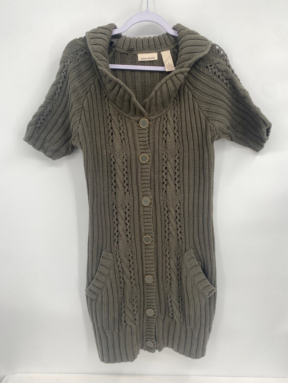DKNY Long Olive Green Button Up Sweater Short Sleeve Collared Pockets Medium